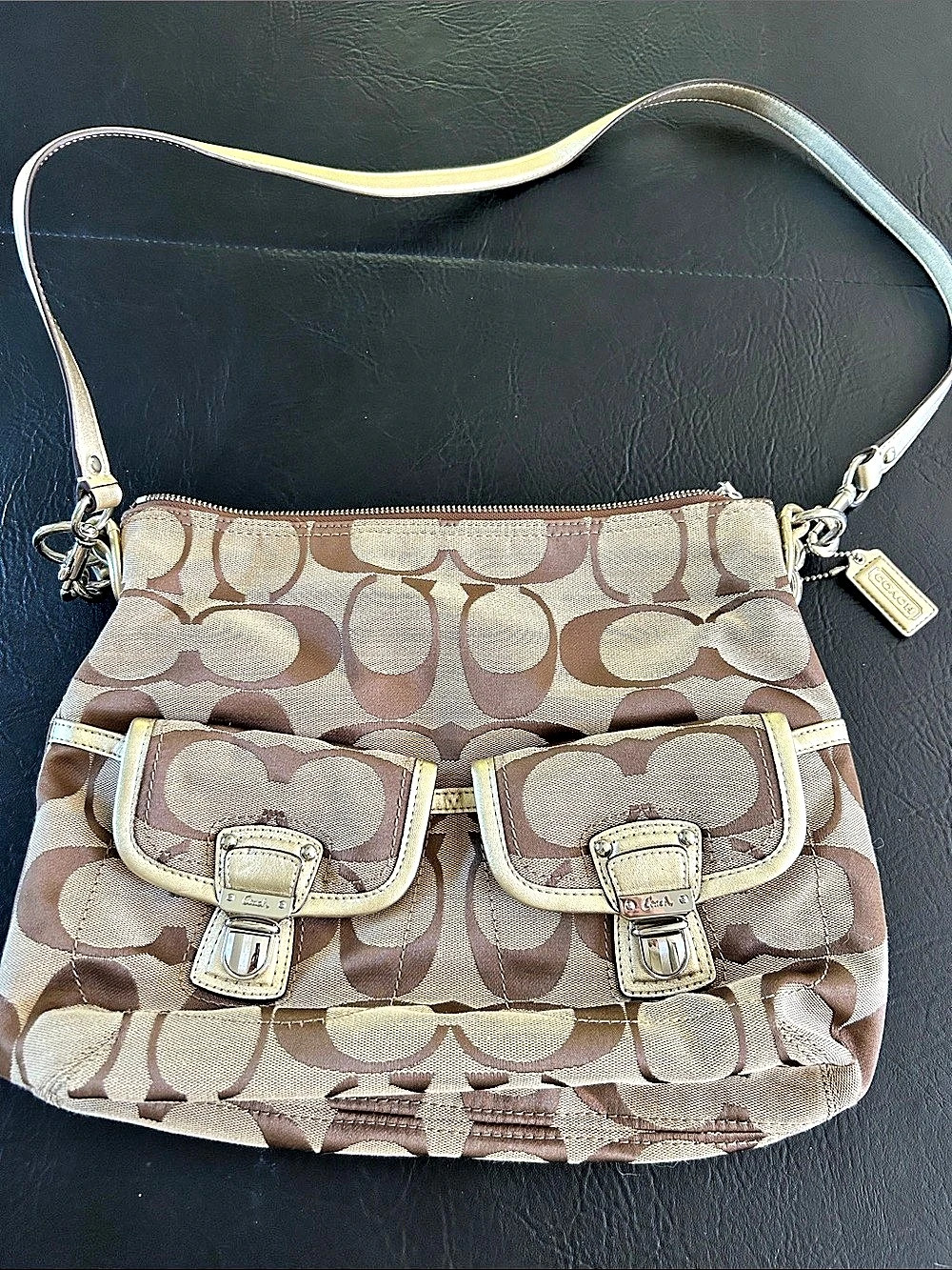 Coach Daisy Signature Pocket Hobo Shoulder Bag Brown & Beige